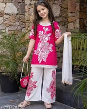 Girls Cotton Kurta Pant Set with Floral Print, Short Sleeve Kurti, Matching Pant