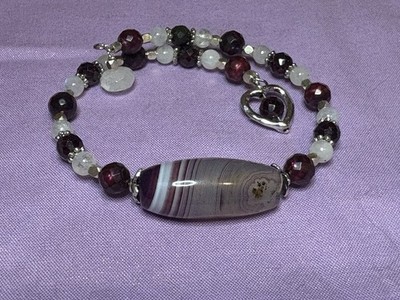 Bracelet Botswana Agate Garnet Rainbow Moonstone Pearls Sterling Silver OOAK