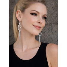 SILVER TONE SPIKE DANGLE EARRINGS Modern Double Ring Drop