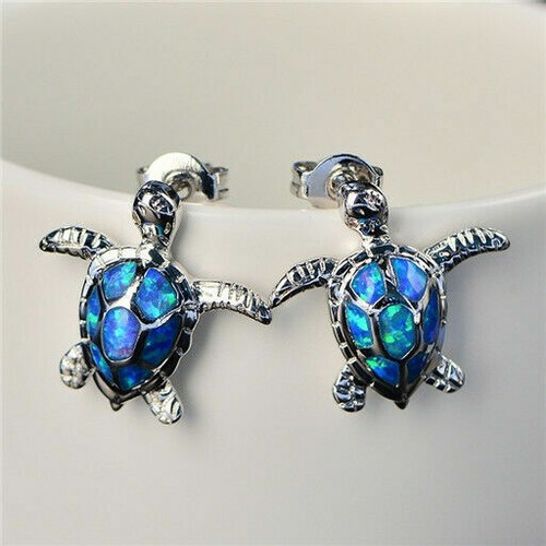 1 Pair Stud Woman Fashion Turtle Earring Blue Fire SilverCharm Opal NEW - Picture 3 of 17