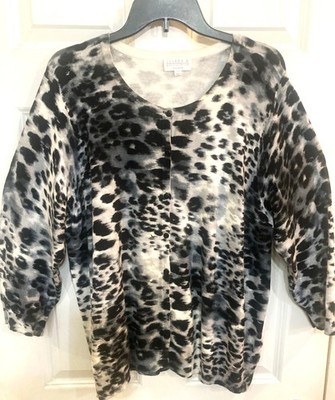 Joseph A qu est-ce Que C est Silk Cardigan Sweater Gray Leopard Print Plus Sz 2X