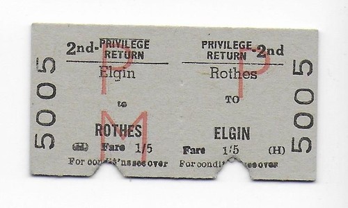 Eisenbahnfahrkarte BR Rothes nach Elgin 2. Klasse Privileg Rückkehr Edmondson