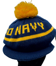 VTG Go Navy Mens One Size Pom Beanie Blue Yellow Knit Stretch Made in USA