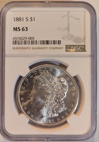 1881 S NGC MS63 Morgan Silver Dollar $1 - Brown Label - Bright White Cartwheel