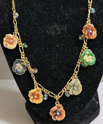 Vintage Joan Rivers Multicolor Enamel Pansy Flower Necklace 20” Retired - Picture 2 of 3
