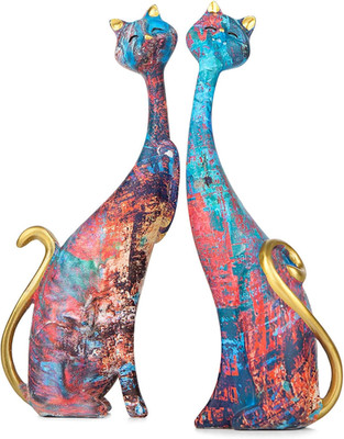 2 Colorful Cat Statue,Creative Graffiti Art Multicolor Cat Figurine Resin Home D