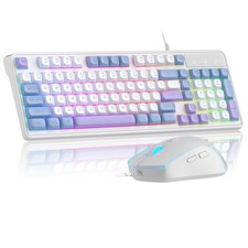 7-Color Rainbow Backlit Gaming Keyboard  Mouse Combo, Wire, White/Blue/Purple