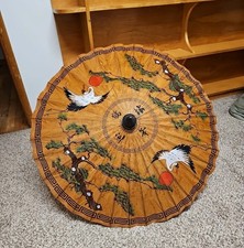 Japanese Hand Painted Bamboo Rice Paper Parasol Umbrella - Sakura Crane Red Sun