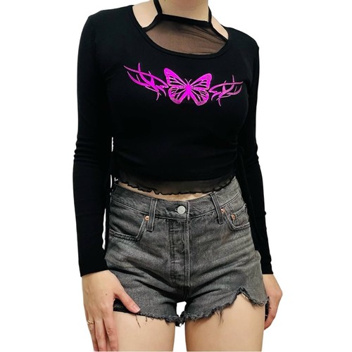 Dolls Kill X Delia’s Crop Top Butterfly Grunge Graphic Black Long Sleeve Medium