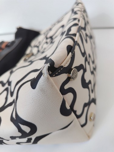 TOUS 2 vías Bolso de Hombro Cartera Lona Patrón de Oso Beige Negro Correa de Mano - Imagen 2 de 9