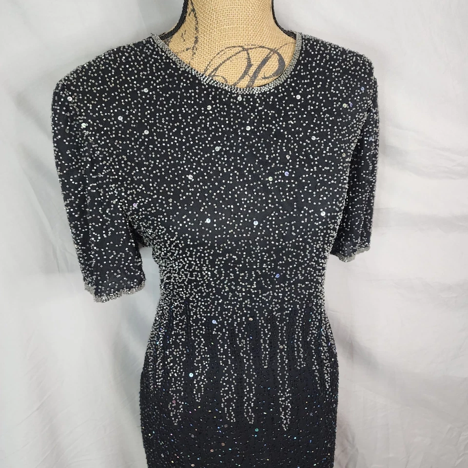Vtg LAURENCE KAZAR New York Size XL Black Silk Beaded Short Sleeve Maxi Dress - Image 2 of 4