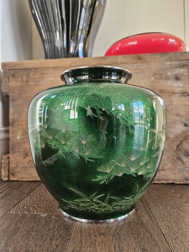 ANDO JUBEI GINBARI JAPANESE CLOISONNE VASE GREEN WITH BAMBOO FANS 8.5" - Picture 7 of 17