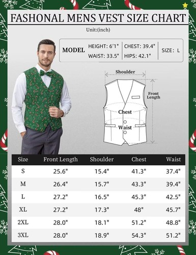 Christmas Vest for Men Candy Cane Suit Vest Holiday Green Waistcoat Vest & Bo... - Picture 6 of 6