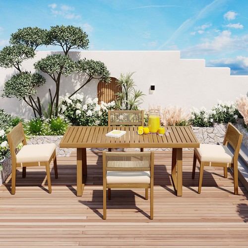 U_Style Multi-person Outdoor Acacia Wood Dining Table and Chair Set, Thick Cushi - Picture 2 of 11