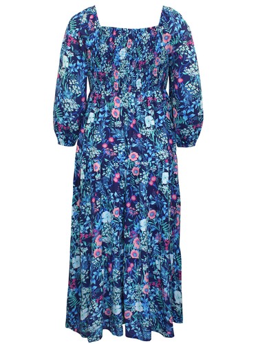 J D Williams Dress plus size 18 24 28 blue floral tiered milkmaid shirred - Picture 3 of 8