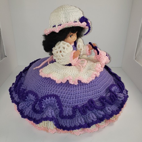 Vintage Crochet Bed Pillow Doll 13" Polly Put The Kettle On Purple Pink Kettle - Picture 2 of 5