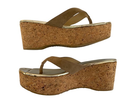 Jimmy Choo Women's size 38 (US 8) Tan Suede Cork Platform Wedge Thong Sandals - Picture 7 of 15