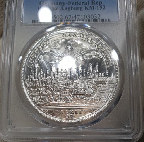 PCGS Augsburgo 1744" 1977 SP67 plata vista a la ciudad Taler prueba de restricciones Sajonia alemana - Imagen 10 de 10