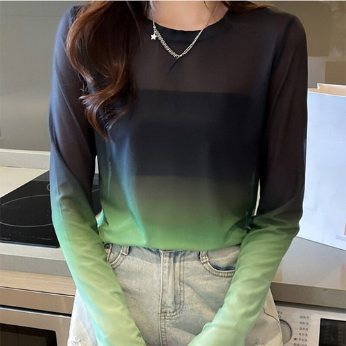 Femme Pente Couleur Maille Haut Pur Transparent Long Manche Pull Chic - Picture 9 of 12