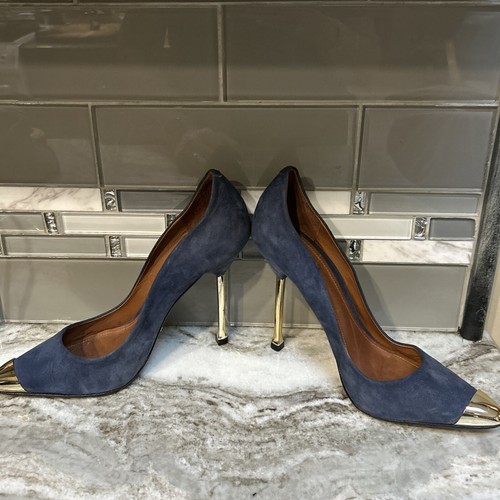 Schutz women's Blue Suede pointed toe Gold Stiletto Heels pumps sz 9.5 - Picture 7 of 10
