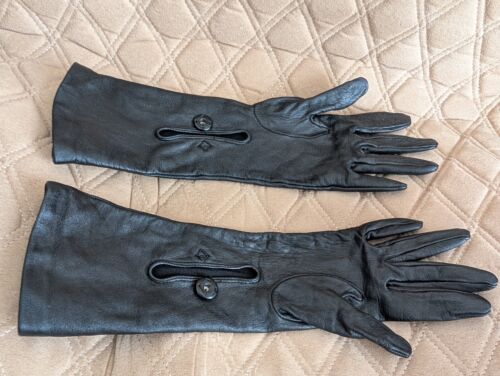 PRADA Lambskin Black Leather Womens Long Gloves Sz 6 - Picture 7 of 17