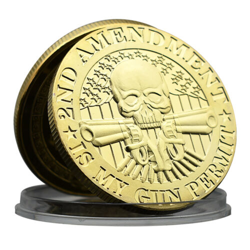 Skull and Head with Two Guns Gold Coin The 2ND of US Constitution Challenge Coin - Picture 1 of 14