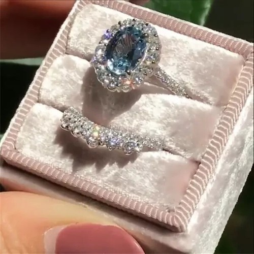 Women's Wedding Ring Set White Gold Plated His & Her 3Ct Lab Created Blue Topaz - Picture 2 of 9