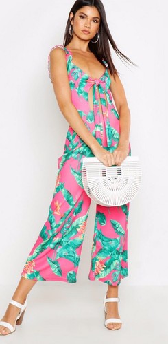 Boohoo Bright Pink & Palm Leaf Cut Out Bow Front Jumpsuit Size 14 - Picture 5 of 11