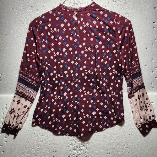 Lucky Brand Top Womens Small Burgundy Floral Embroidered Collar Long Sleeve - Picture 6 of 15