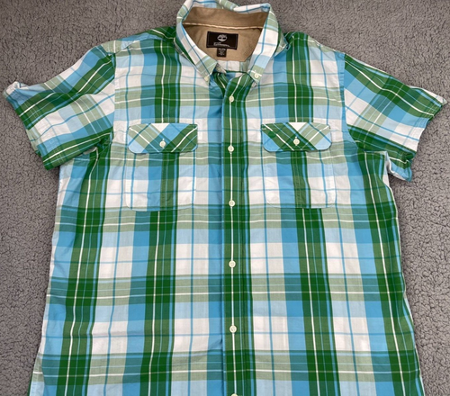 Timberland Shirt Mens Size 2XL Green Blue Plaid Earthkeepers Double Flap Button - Picture 5 of 14