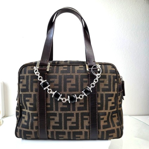 Fendi Zucca Small Boston Satchel Handbag Tobacco Brown Jacquard Purse Vtg