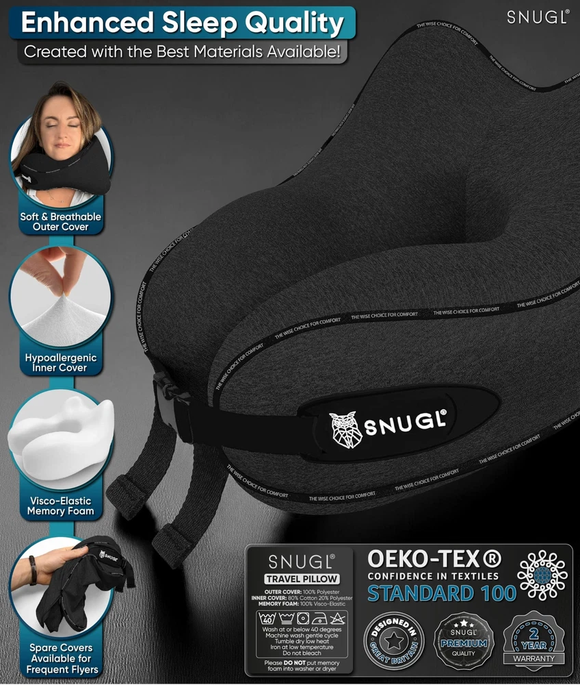 TRAVEL PILLOW Memory Foam Neck Support Cushion Jet Black Small SNUGL