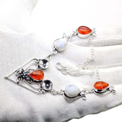 925 Sterling Silver Baltic Amber & Moonstone Gemstone Jewelry Necklace Siz-17-18 - Picture 3 of 9