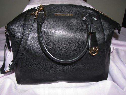 MICHAEL MICHAEL KORS RILEY GOLD LEATHER TOP ZIP SATCHEL BAG BLACK OR SKY "NWT" - Picture 7 of 18