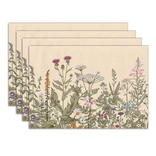 Pink Wildflower Beige Place Mats Set of 4 Printed Fabric Placemats Dining Table - Picture 7 of 7