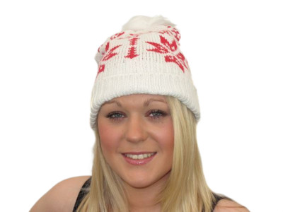 Ladies Warm Thick Knitted Beanie Hat with Pink Snowflake Winter