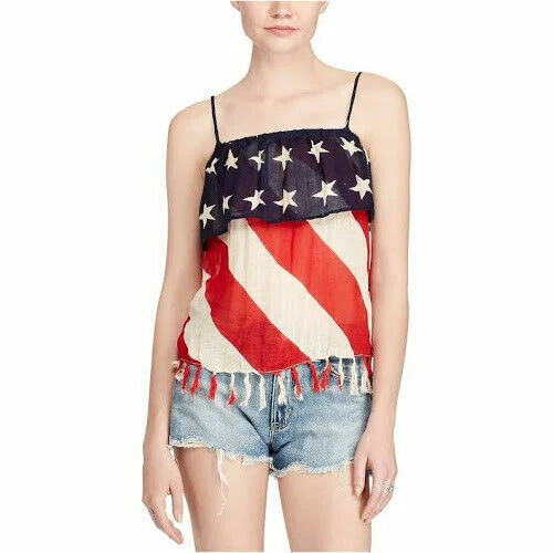 LAUREN RALPH LAUREN Ralph Lauren Denim Supply Women's New July 4 American Flag Fringed Tank Top Sz M