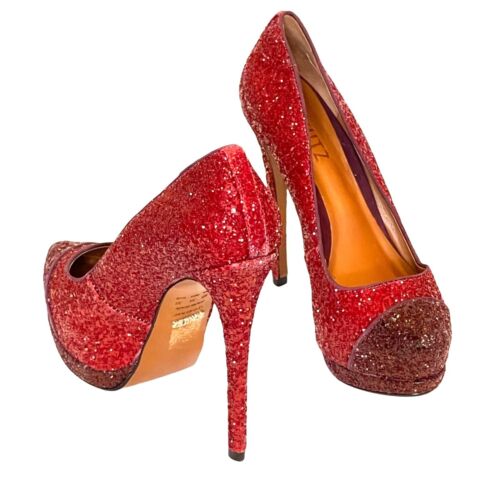 Schutz Stilletos Platform High Heels Glitter Pumps Luxury Red Shoes 5B - Picture 3 of 11