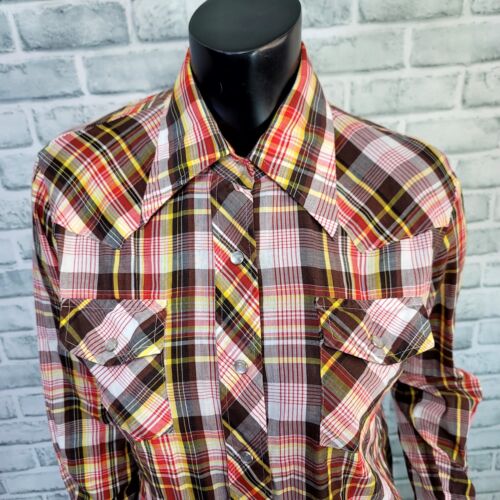 Camicia western vintage anni 70 80 Kmart donna 36 leggera a quadri perla snap L/S - Foto 2 di 9