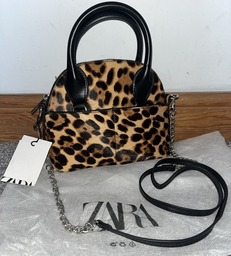Zara Tan Leopard Print Pony Hair Message Cross Body Grab Handle Handbag Bag NEW
