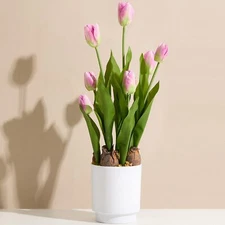 Pink Faux Tulips Artificial Flower in White Pot21" Tulips Fake Potted Indoor ...
