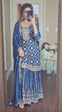 Launching Pure Heavy Chinnon Top Sharara With Blue Dupatta For Ethnic Wear