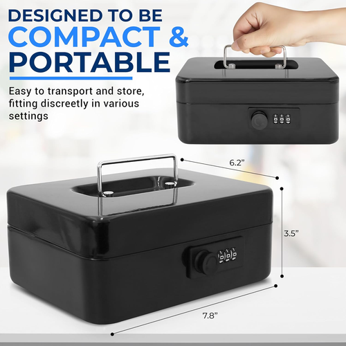Cash Safe Lock Box with Money Tray 5 Lockable Drawers 8” X 6.2” X 3.5” in Black - Picture 4 of 12