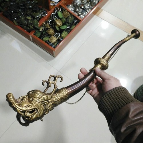 21" Vintage Buddhist Ritual Tibetan Ceremonial Copper Brass Dragon Horn Trumpet - Picture 23 of 31
