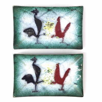 Vintage Brower Enamel Copper Trinket Dish Trays Set of 2 Roosters 1950's MCM