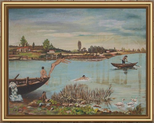 ARTE NAIF TUFFANDOSI NEL LAGO PESCATORE olio tavola ENRICO COPETTA COEN BRESCIA - Picture 1 of 2