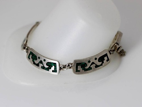 Pulsera Panel Turquesa Hecho a Mano Azteca México 950 con Incrustación de Plata 7-5/8" - 4317 - Imagen 2 de 7