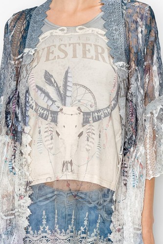 ORIGAMI cardigan TEXAS LONGHORN LACE WESTERN DUSTER cowgirl tuff SM-4X KIMONO - Picture 5 of 12