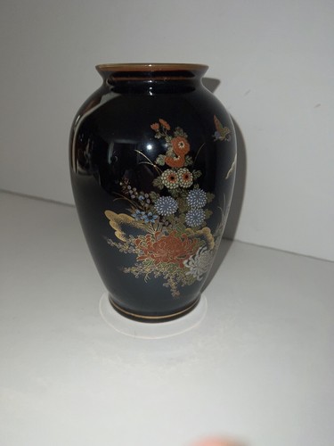 Black Asian Floral and Butterfly Gold Trim Ginger Jar Urn 6 3/4" No Lid 6.5" - Picture 8 of 11