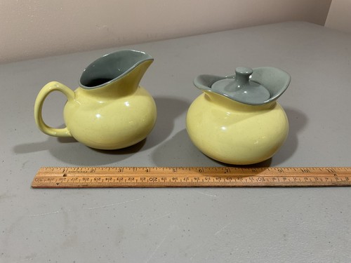 Antique Original Harker Pottery Ohio USA Covered Sugar Creamer Golden Dawn/Gray - Picture 2 of 13